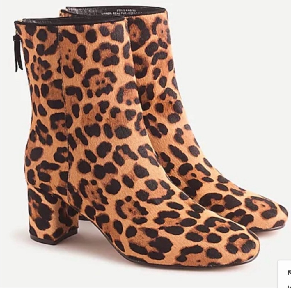J CREW SADIE CALF HAIR LEATHER LEOPARD PRINT ANKLE BOOTS BLOCK HEEL SZ 8